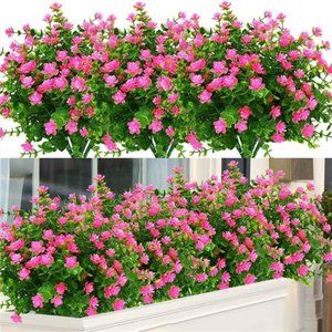 6 Bundles Outdoor Pink Artificial Flowers UV Resistant Fake Boxwood Plants Faux